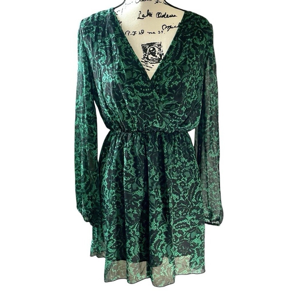 Vintage Love Crazy Green Black Print Mini Dress Women's L Sheet‎ Long Sleeve